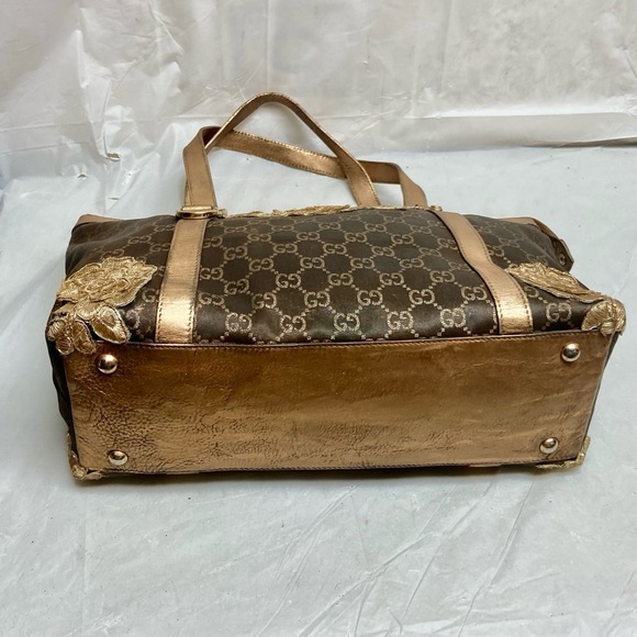 Vintage, Rare, Gucci, GG Brown and Gold Coated Canvas Handbag (12in x 9in x 4in) - Picture 8 of 15